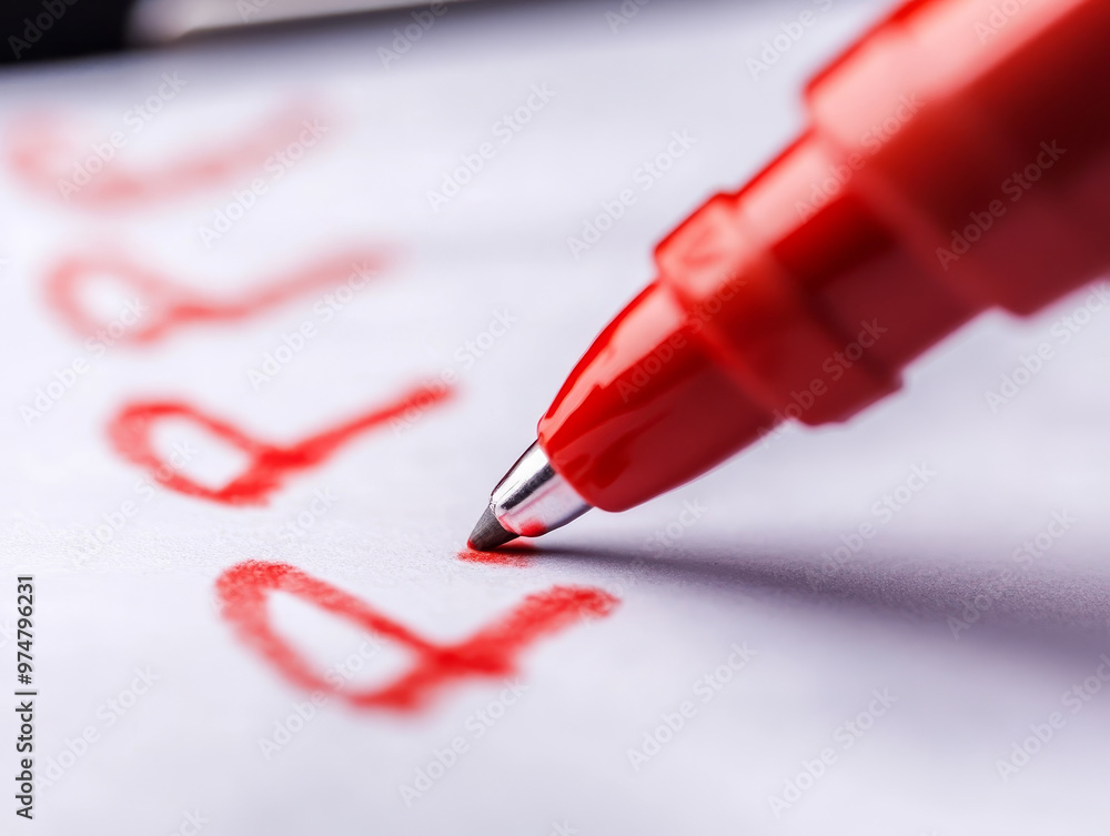 Poster close up of red marker making check marks on quality paper, showcasing vibrant color and precision o