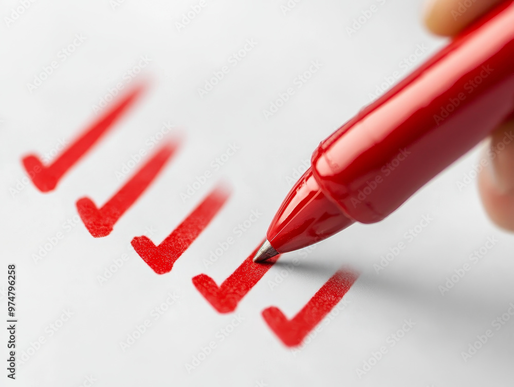 Aufkleber close up of red marker making check marks on quality paper, symbolizing completion and organization.