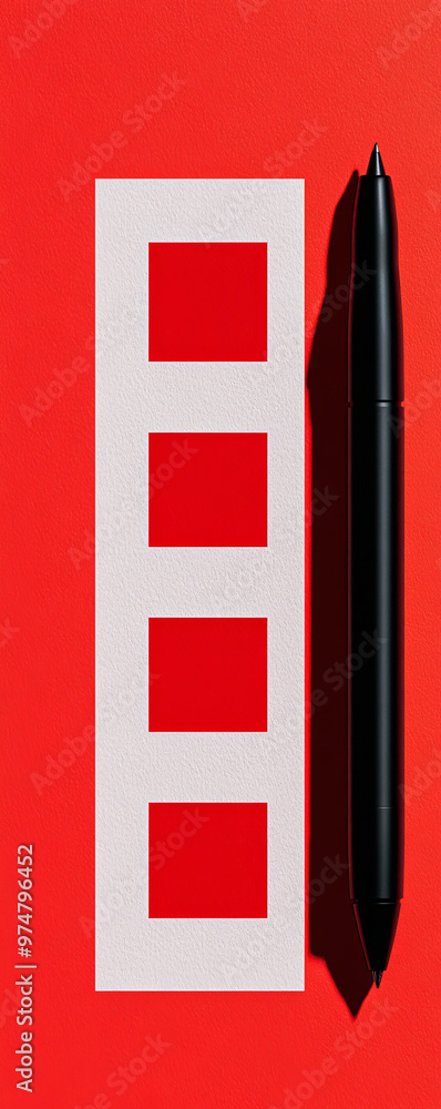 Poster minimalistic checklist with bold red checks and black pen on vibrant red background. this design emp