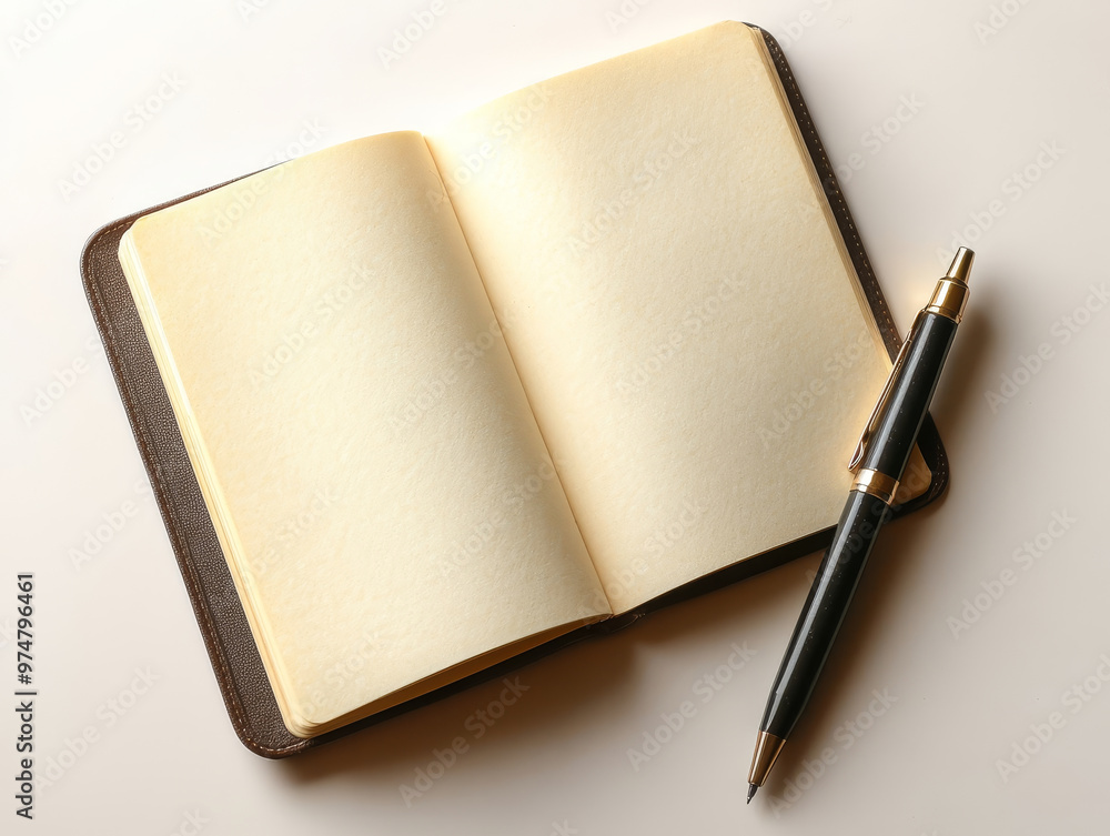 Poster an open notebook with blank pages and pen resting beside it, creating serene workspace ideal for jot