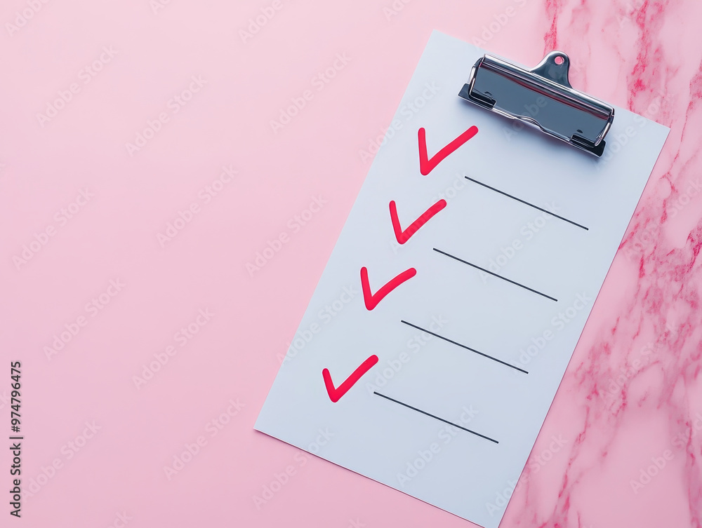 Poster a quality assurance checklist is displayed on clipboard, featuring red check marks on pink marble ba