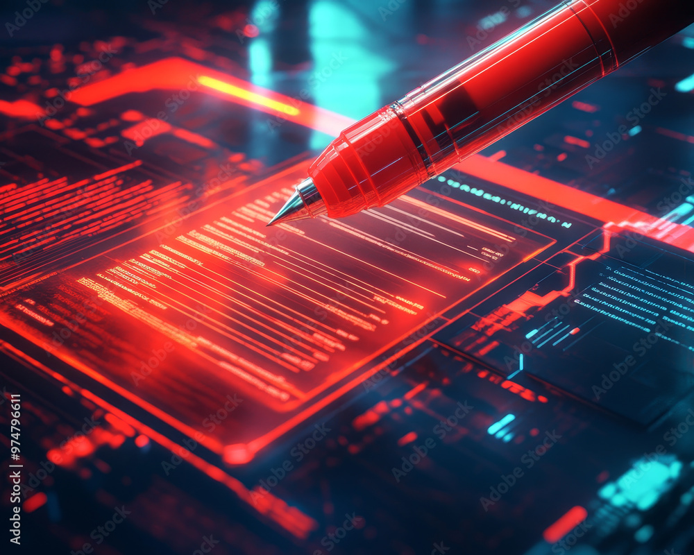 Poster a red marker hovers above holographic checklist, illuminated by futuristic digital interface. vibran