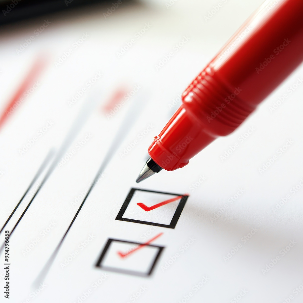 Poster a red marker is ticking off items on clean white checklist, symbolizing organization and productivit