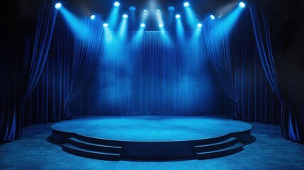Design a scene with a round stage, blue spotlights, a raised platform, and blue curtains, ideal for theater productions, concerts, or awards events.