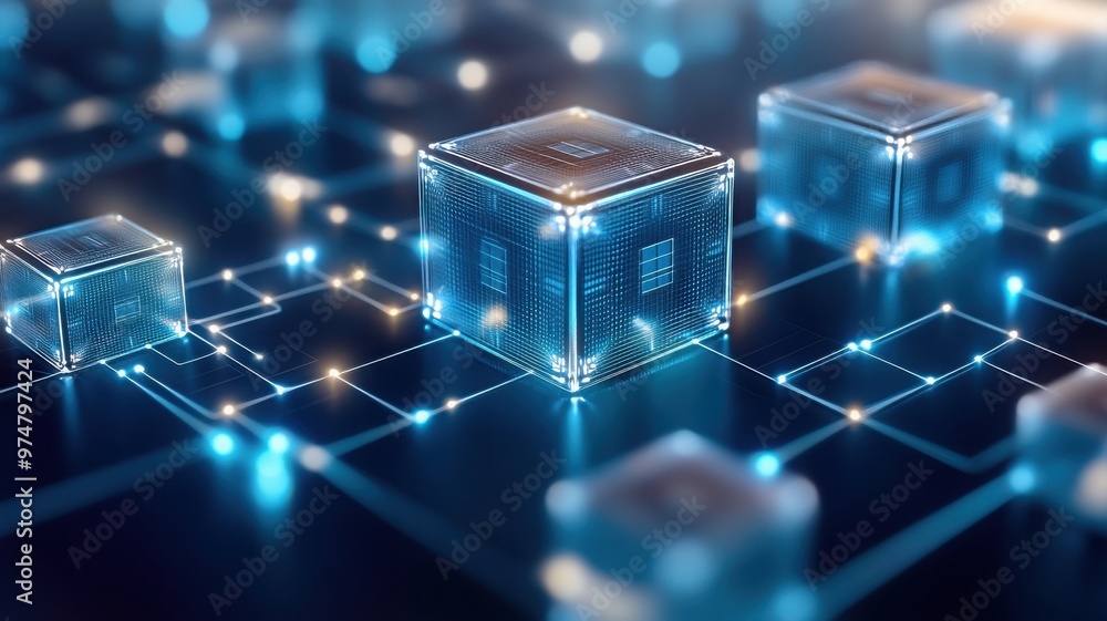 Poster futuristic technology concept showcasing glowing abstract blocks connected in a digital network, rep