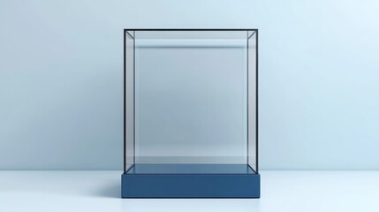 Illustrate an empty glass case with a blue base, suitable for displaying products, awards, or collectibles. Perfect for online stores and marketing materials.