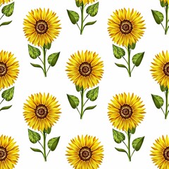 Seamless pattern of sunflowers with leaves on white background, hand drawn marker illustration in watercolor technique. For wallpapers, wrapping paper, fabric, textile, scrapbooking, any packaging