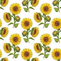 Seamless pattern of sunflowers with leaves on white background, hand drawn marker illustration in watercolor technique. For wallpapers, wrapping paper, fabric, textile, scrapbooking, any packaging