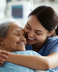 A caring nurse embraces an elderly patient, showcasing compassion and connection in a healthcare setting.