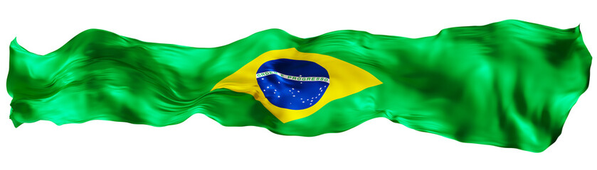 Stylized flag of Brazil waving in the wind on transparent background. Footer, header or divider. Cut out wide, panoramic element. Banner for patriotic themes or national event promotions. 3D. © Creative_Bird