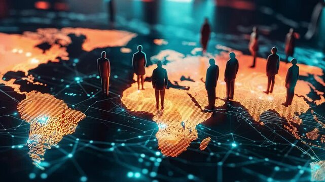 A virtual map highlights interconnected people and locations worldwide, illustrating social interactions and network dynamics among individuals