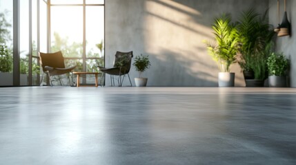 Modern living space with large windows, stylish chairs, and lush plants creating a serene atmosphere filled with natural light.