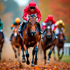 Jockey in red races towards victory, autumn leaves blurring behind, capturing fierce speed and determination of Melbourne premier horse racing events