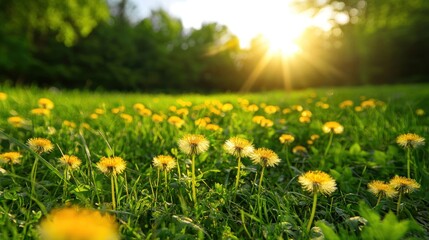 Obraz premium Vibrant meadow with yellow dandelion flowers and healthy green grass in a natural environment