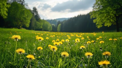 Fototapeta premium Scenic meadow with lush green grass and vibrant yellow dandelion flowers in a natural setting