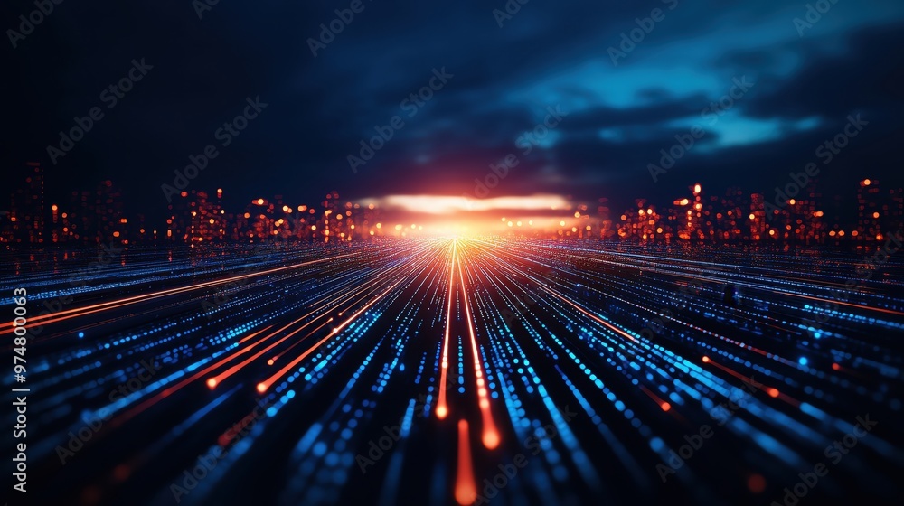 Poster a dynamic abstract composition showcasing glowing lines and vibrant lights, symbolizing speed and te