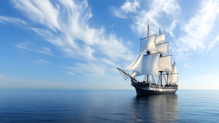 A majestic sailing ship gliding across a calm sea under a clear blue sky with soft clouds in the background