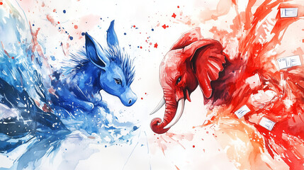 Democratic donkey vs Republican elephant in a dynamic red and blue watercolor clash