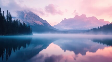 Serene mountain landscape at dawn with misty lake and reflections.