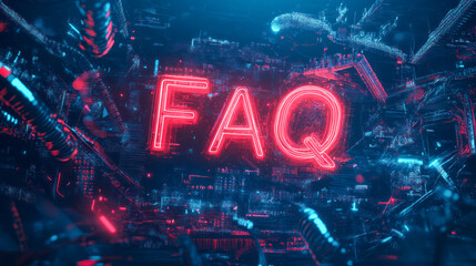 Cyberpunk FAQ Neon Sign: Glowing Red and Blue Futuristic Circuitry in a Dark Sci-Fi Setting