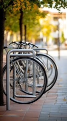 A bicycle rack near a public transportation station, showcasing eco-friendly commuting options