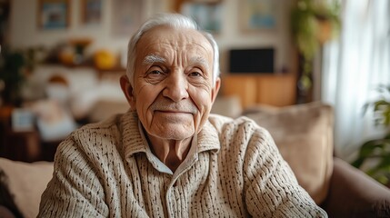 An elderly man smiles warmly, showcasing wisdom and life experience in a cozy home setting, perfect for family or nostalgia themes.