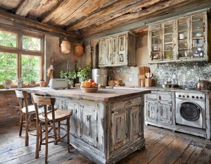 Rustic kitchen with reclaimed wood cabinetry and vintage-style appliances