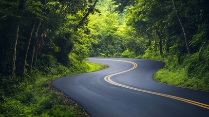 Obraz premium A winding asphalt road surrounded by lush greenery on a sunny day