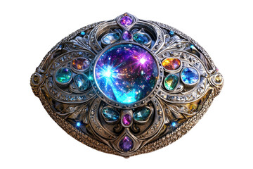 Fototapeta premium A cosmic gem with intricate metal details, featuring a central crystal that sparkles with the colors of the galaxy, reflecting mystery. Isolate white background.