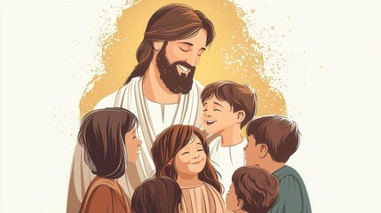Jesus blessing children gathered around him, joyful expressions, soft pastel colors