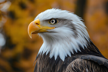 Fototapeta premium A close-up headshot of a majestic bald eagle with a striking background, highlighting its powerful beak and piercing eyes.