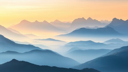 Obraz premium Serene mountain landscape at sunrise, showcasing layers of peaks and soft atmospheric hues.