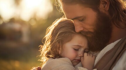 Jesus comforting a crying child, soft light creating a tender and compassionate scene