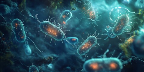 Obraz premium Microscopic view of blue bacteria with orange insides.