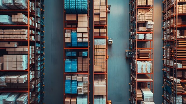 Aerial view of a modern warehouse with goods neatly organized on shelves, showcasing an efficient supply chain setup