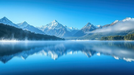 Fototapeta premium Serene mountain landscape reflecting in a tranquil lake under a clear blue sky.