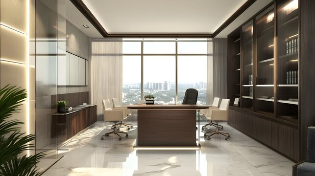 A modern law office with sleek furniture and a large window allowing natural light to flood the space