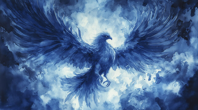 Majestic blue phoenix rising through stormy clouds in mystical fantasy art