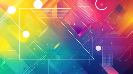 Colorful abstract gradient background with diverse geometric figures and white vector lines
