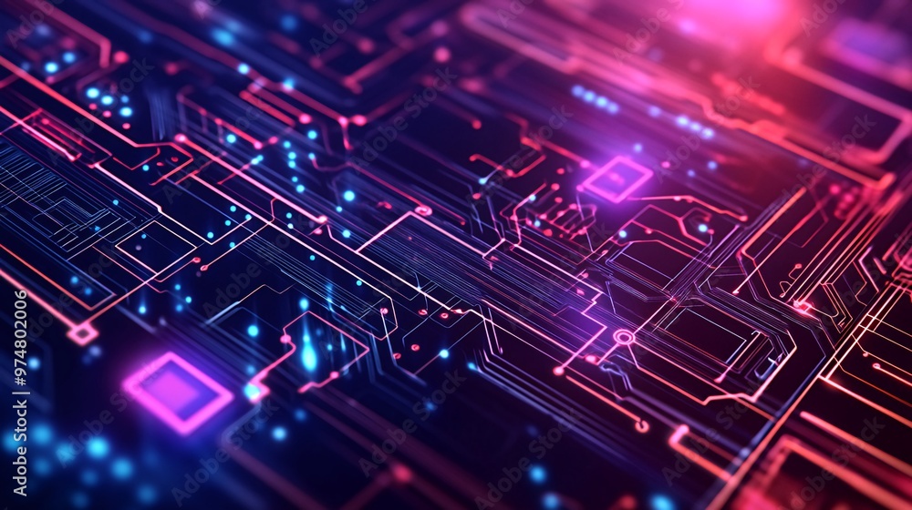 Poster abstract digital circuit board with glowing lines and nodes in pink and blue.