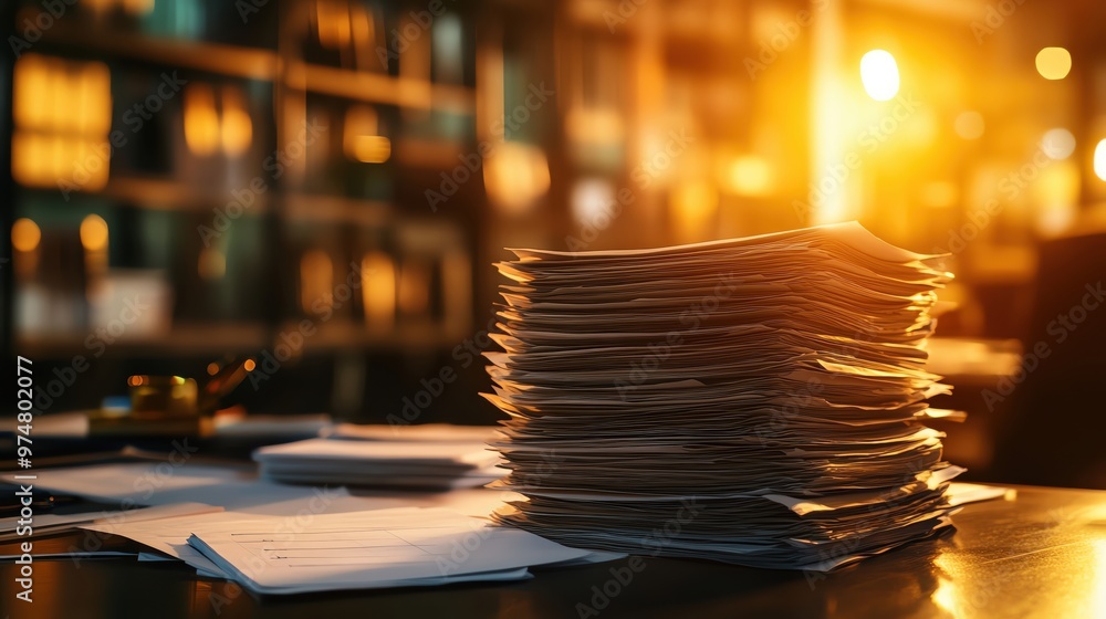 Poster a stack of paperwork on a desk illuminated by warm light, capturing a serene workspace atmosphere wi