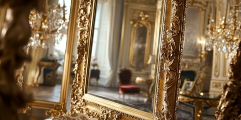 Obraz premium Ornate golden frame, reflecting a luxurious room.