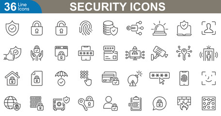 Security icons set. Lock, shield, firewall, key, encryption, fingerprint, password, virus, protection, secure and more. vector illustrator.