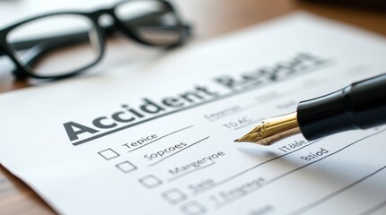 Accident report form with fountain pen and eyeglasses on table
