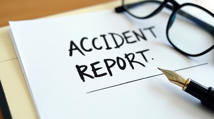 Fototapeta premium Accident report document with fountain pen and glasses