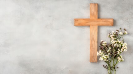 Simple wooden cross with flowers at the base, symbolizing life, renewal, and remembrance