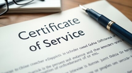 Fototapeta premium Certificate of service document with fountain pen and glasses