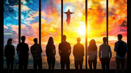 Fototapeta premium Worshippers in awe before a majestic stained glass window depicting Jesus resurrection, vibrant colors