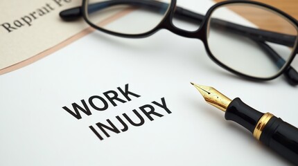 Obraz premium Report of work injury document with glasses and fountain pen