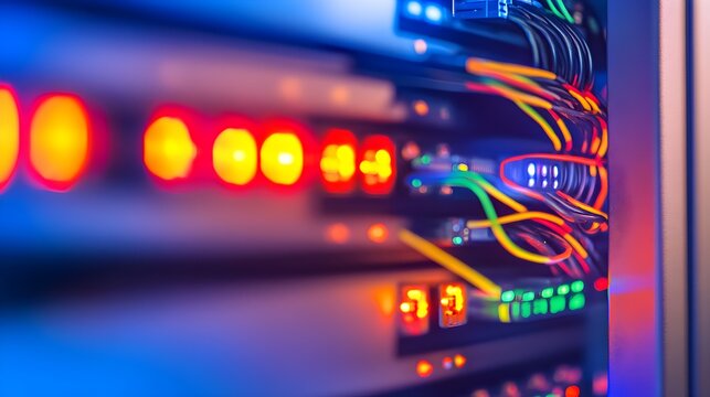 A close-up of a server rack with numerous blinking lights, showcasing intricate wiring, all set against a light solid color background
